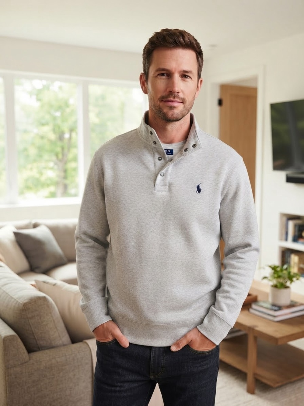Polo by Ralph Lauren Heather Light Gray Mock-Neck Popover Sweatshirt
